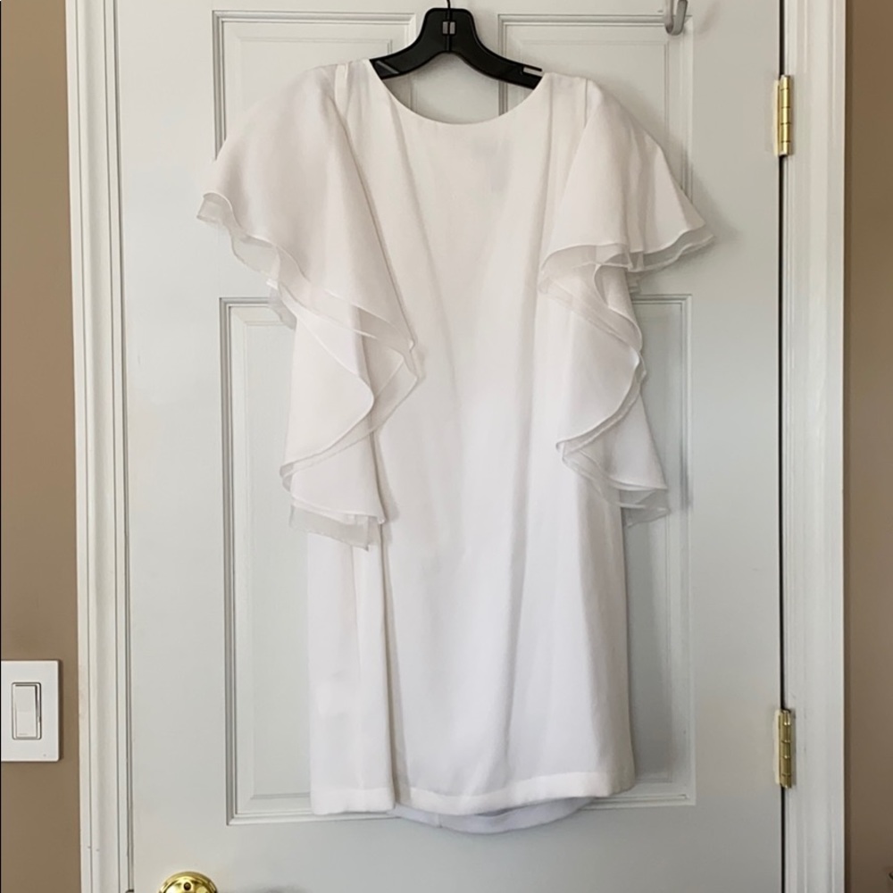 BCBG MAXAZRIA WHITE SOLACE RUFFLE SLEEVE DRESS
